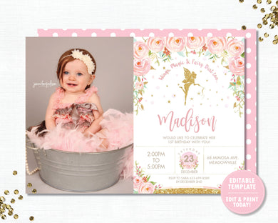 Chic Gold Glitter Fairy Pink Floral Birthday Photo Invitation Editable Template - Digital Printable File - Instant Download - FF1