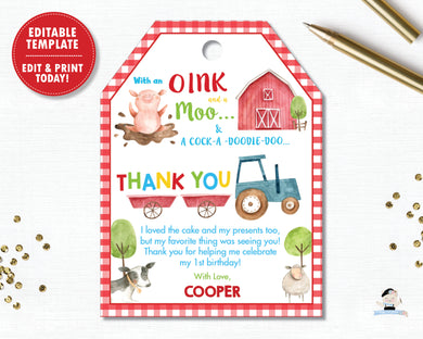 Farm Barnyard Animals Birthday Party Baby Shower Thank You Favor Tags - Editable Template - Digital Printable File - Instant Download -  BY1