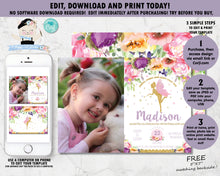 Load image into Gallery viewer, Summer Purple Floral Fairy Birthday Party Invitation with Photo - EDITABLE TEMPLATE Instant Download Digital Printable File- FF2