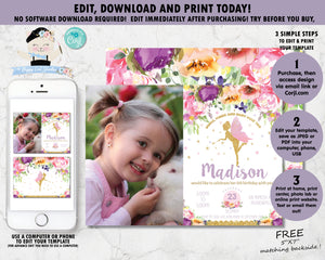 Summer Purple Floral Fairy Birthday Party Invitation with Photo - EDITABLE TEMPLATE Instant Download Digital Printable File- FF2