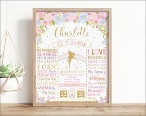 Chic Pink and Blue Floral Rainbow Fairy 1st Birthday Milestone Sign Birth Stats Nursery Decor - Editable Template - Digital Printable File - Instant Download - FF5