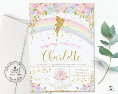 Pink Floral Rainbow Fairy Birthday Invitation Editable Template - Instant Download - Digital Printable File - FF5