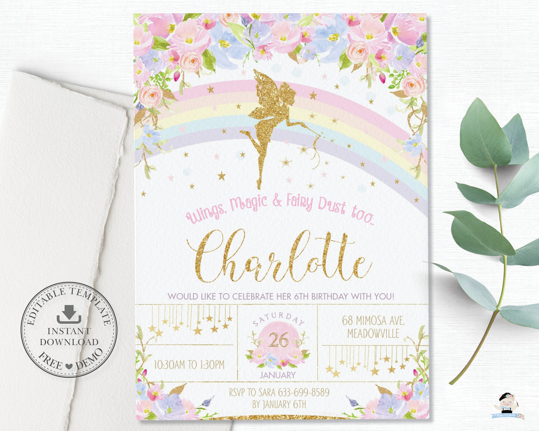 Pink Floral Rainbow Fairy Birthday Invitation Editable Template - Instant Download - Digital Printable File - FF5
