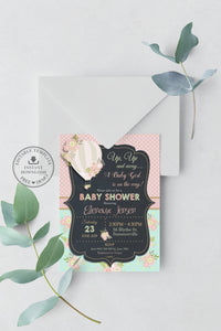 Chic Floral Hot Air Balloon Baby Shower Invitation Editable Template - Digital Printable File - HA1