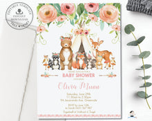 Load image into Gallery viewer, Floral Tribal Woodland Animals Baby Shower Invitation Editable Template - Instant Download - WG5