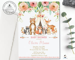 Floral Tribal Woodland Animals Baby Shower Invitation Editable Template - Instant Download - WG5