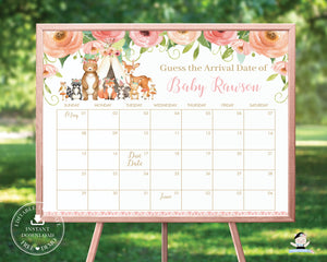 Tribal Floral Woodland Animals Guess Baby's Arrival Date Prediction Game Calendar - Editable Template - Digital Printable File - Instant Download - WG5