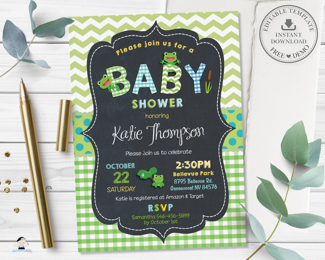 Cute Frogs Baby Shower Boy Gender Neutral Green Invitation - Editable Template - Digital Printable File Instant Download - FR2