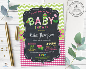 Cute Frogs Baby Shower Girl Pink Invitation - Editable Template - Digital Printable File Instant Download - FR2