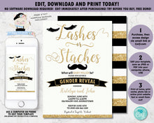 Load image into Gallery viewer, Lashes or Staches Gender Reveal Invitation Black and Gold - Instant EDITABLE TEMPLATE - GR2