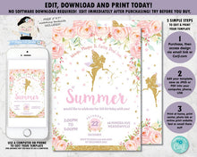 Load image into Gallery viewer, Chic Gold Glitter Fairy Pink Floral Birthday Invitation Editable Template - Digital Printable File - Instant Download - FF1