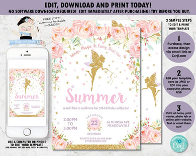 Chic Gold Glitter Fairy Pink Floral Birthday Invitation Editable Template - Digital Printable File - Instant Download - FF1