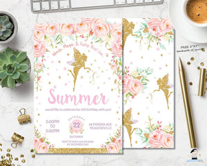 Chic Gold Glitter Fairy Pink Floral Birthday Invitation Editable Template - Digital Printable File - Instant Download - FF1