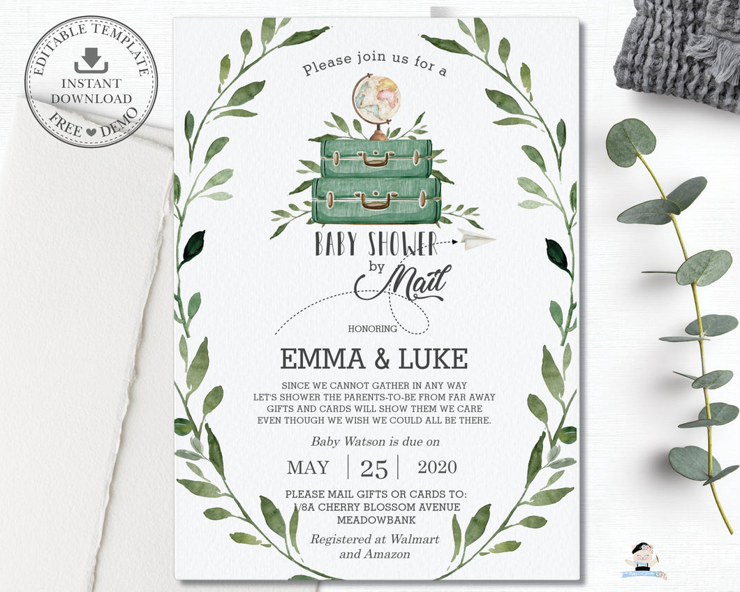 Rustic Greenery Adventure Begins Baby Shower by Mail Long Distance Invitation Editable Template - Instant Download - BM1