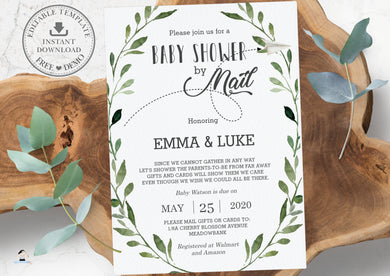 Rustic Greenery Baby Shower by Mail Long Distance Invitation Editable Template - Instant Download - BM1