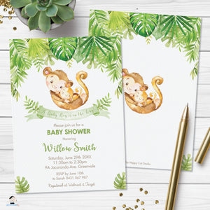 Cute Mommy and Baby Monkeys Greenery Baby Shower Invitation Editable Template - Digital Printable File - Instant Download - MK3
