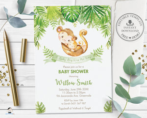 Cute Mommy and Baby Monkeys Greenery Baby Shower Invitation Editable Template - Digital Printable File - Instant Download - MK3