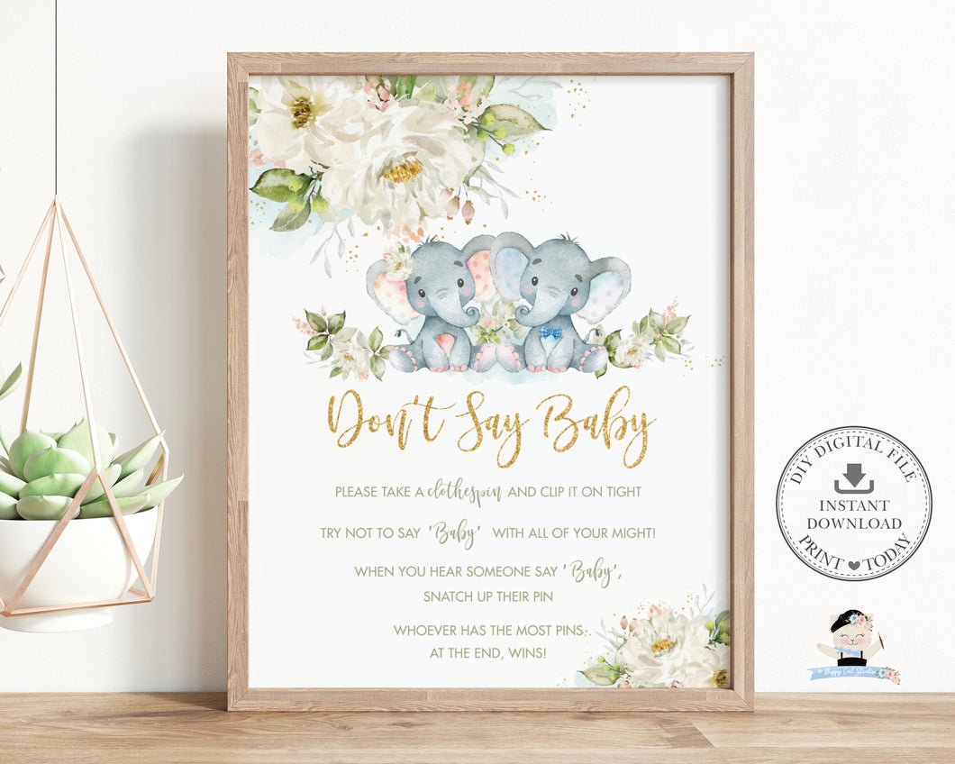 Twins Boy Girl Elephant Ivory Floral Don't Say Baby Game Baby Shower Activity - Instant Download - Digital Printable File - EP2