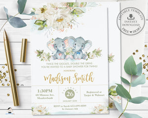 Twins Girl Boy Elephant Ivory Floral Greenery Baby Shower Invitation - Editable Template - Digital Printable File - Instant Download - EP2