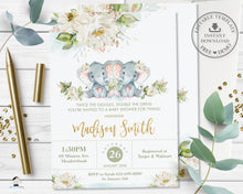 Load image into Gallery viewer, Twins Girls Elephant Ivory Floral Greenery Baby Shower Invitation - Editable Template - Digital Printable File - Instant Download - EP2