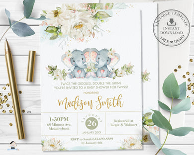 Twins Girls Elephant Ivory Floral Greenery Baby Shower Invitation - Editable Template - Digital Printable File - Instant Download - EP2