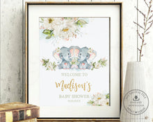 Load image into Gallery viewer, Chic Greenery Ivory Floral Elephant Twin Baby Girls Welcome Sign - Editable Template - Digital Printable File - Instant Download - EP2
