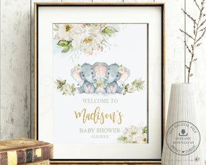 Chic Greenery Ivory Floral Elephant Twin Baby Girls Welcome Sign - Editable Template - Digital Printable File - Instant Download - EP2