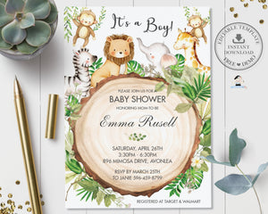 Greenery Cute Jungle Animals Baby Shower Invitation - Editable Template - Digital Printable File - Instant Download - JA1