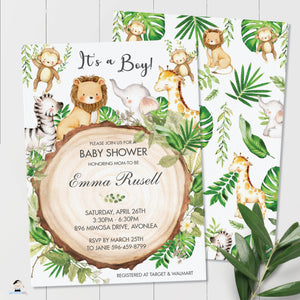 Greenery Cute Jungle Animals Baby Shower Invitation - Editable Template - Digital Printable File - Instant Download - JA1
