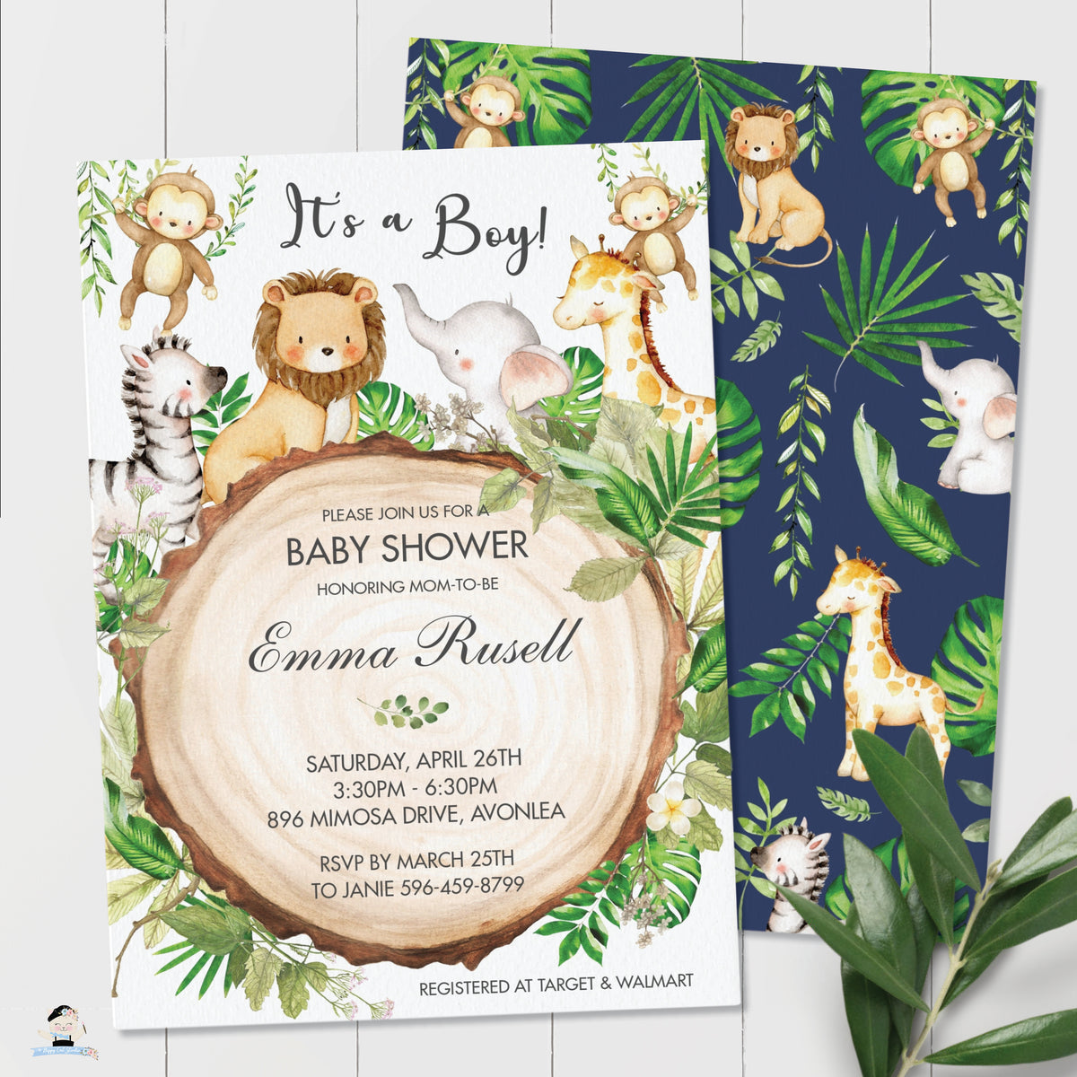 Greenery Cute Jungle Animals Baby Shower Invitation - Editable Templat ...