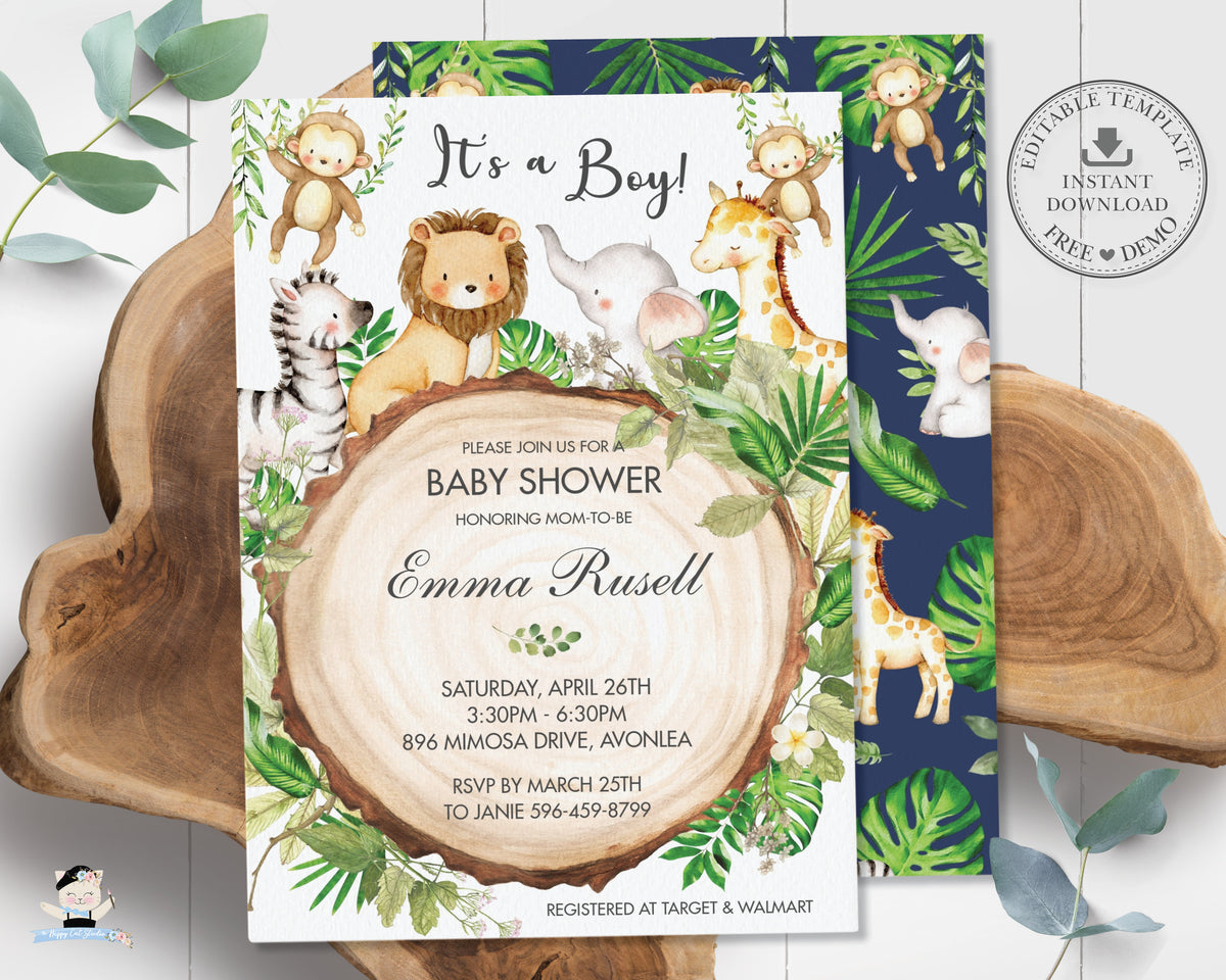 Greenery Cute Jungle Animals Baby Shower Invitation - Editable Templat ...