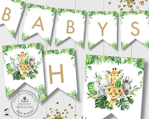 Chic Jungle Animals Greenery Flag Banners Bunting Editable Template - Digital Printable Files - Instant Download - JA7
