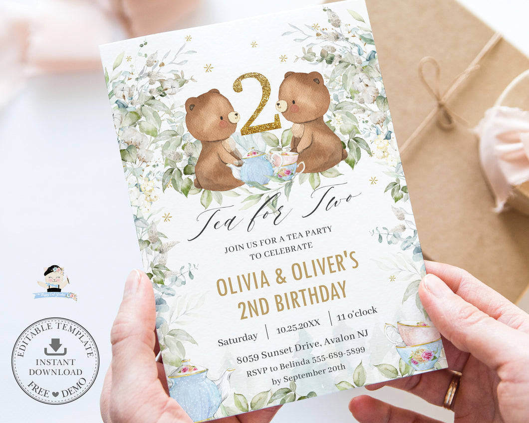 Teddy Bear Tea Party Pastel Greenery Invitation EDITABLE TEMPLATE, Tea for Two 2nd 1st First Birthday Invite Twins Baby Shower Printable TB8