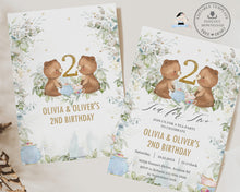 Load image into Gallery viewer, Teddy Bear Tea Party Pastel Greenery Invitation EDITABLE TEMPLATE, Tea for Two 2nd 1st First Birthday Invite Twins Baby Shower Printable TB8
