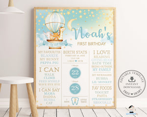 Whimsical Hot Air Balloon Cute Animals 1st Birthday Milestone Sign A1 & A2 Birth Stats - Editable Template - Digital Printable Instant Download - HB5
