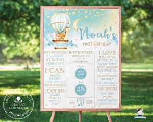 Cute Animals Hot Air Balloon 1st Birthday Milestone Sign Birth Stats Editable Template - Digital Printable File - Instant Download - HB5