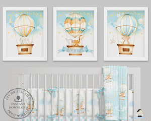 Set of 3 Whimsical Hot Air Balloon Baby Animals Nursery Wall Art - 16"x20" - INSTANT DOWNLOAD - HB5