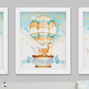 Set of 3 Whimsical Hot Air Balloon Baby Animals Nursery Wall Art - 16"x20" - INSTANT DOWNLOAD - HB5
