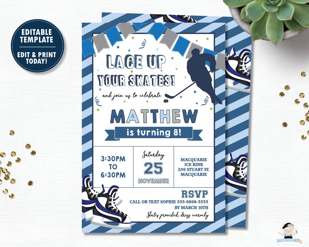Blue Ice Hockey Skating Lace Up Your Skates Birthday Invitation Editable Template - Digital Printable File - Instant Download - HK1