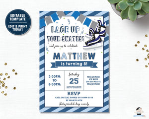 Blue Hockey Ice Skating Lace Up Your Skates Birthday Invitation Editable Template - Digital Printable File - Instant Download - HK1