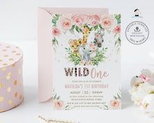 Load image into Gallery viewer, Chic Pink Floralm Jungle Animals Wild One 1st Birthday Invitation Editable Template - Digital Printable File - Instant Download - JA6