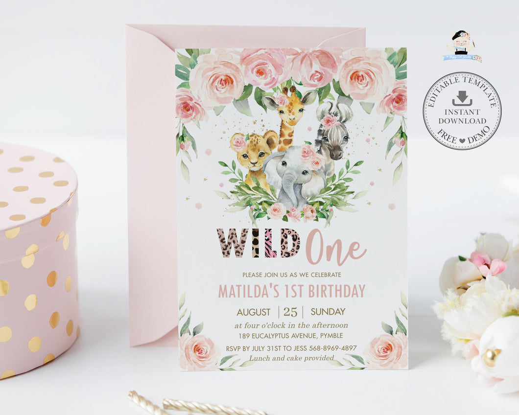 Chic Pink Floralm Jungle Animals Wild One 1st Birthday Invitation Editable Template - Digital Printable File - Instant Download - JA6
