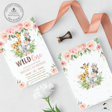 Load image into Gallery viewer, Chic Pink Floralm Jungle Animals Wild One 1st Birthday Invitation Editable Template - Digital Printable File - Instant Download - JA6
