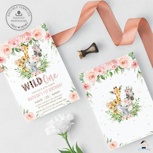 Chic Pink Floralm Jungle Animals Wild One 1st Birthday Invitation Editable Template - Digital Printable File - Instant Download - JA6