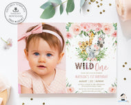 Chic Pink Floral Jungle Animals Wild One 1st Birthday Photo Invitation Editable Template - Digital Printable File - Instant Download - JA6