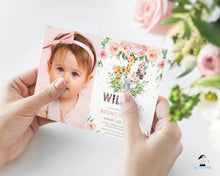 Load image into Gallery viewer, Chic Pink Floral Jungle Animals Wild One 1st Birthday Photo Invitation Editable Template - Digital Printable File - Instant Download - JA6
