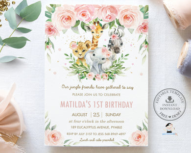 Chic Pink Floral Jungle Animals Birthday Party Invitation Editable Template - Digital Printable File - Instant Download - JA6