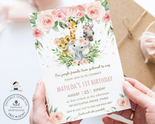 Load image into Gallery viewer, Chic Pink Floral Jungle Animals Birthday Party Invitation Editable Template - Digital Printable File - Instant Download - JA6