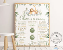 Load image into Gallery viewer, Rustic Greenery Jungle Animals 1st Birthday Milestone Sign Birth Stats Editable Template - Digital Printable File - Instant Download - JA5