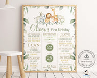 Rustic Greenery Jungle Animals 1st Birthday Milestone Sign Birth Stats Editable Template - Digital Printable File - Instant Download - JA5